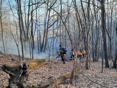 Salvamont Vrancea sprijină eforturile pompierilor de a stinge incendiile de pădure din zone greu accesibile din Munții Vrancei