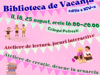 Biblioteca de Vacanță, în Crângul Petrești: 11, 18 și 25 august 2022