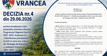 DECIZIA nr. 4 din 29.06.2026 privind actualizarea Listei proiectelor prioritare aferente Programului Regional Sud-Est 2021–2027, Acțiunea 6.2 – „Valorificarea potențialului turistic în zone non-urbane” din Strategia de Dezvoltare a Județului Vrancea 2021-2027